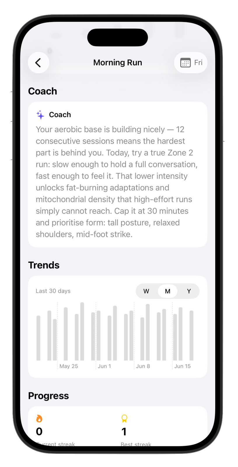 HobbyIt coaching screen with trend chart and running advice